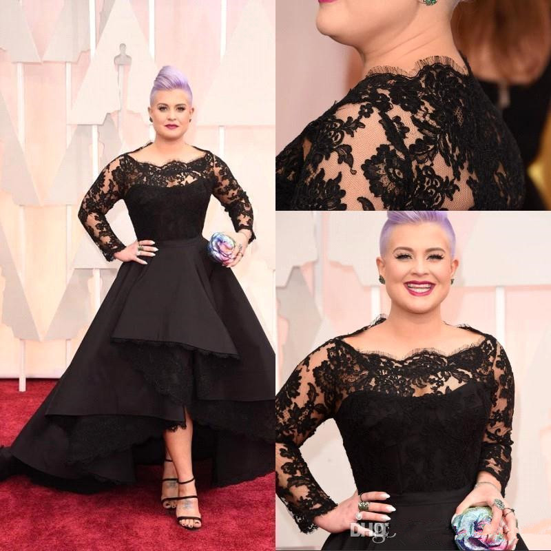Lace long sleeves scoop neck celebrity red carpet evening gowns zipper back high low satin black formal party prom dresses