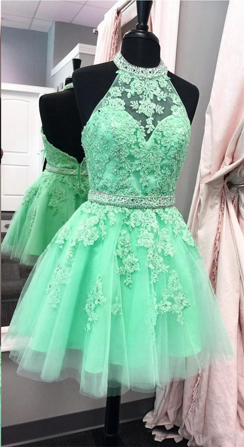 

Mint Green Short Homecoming Dresses Applique Lace Tulle Beads Sash Girls Formal Party Prom Cocktail Gowns, Lilac