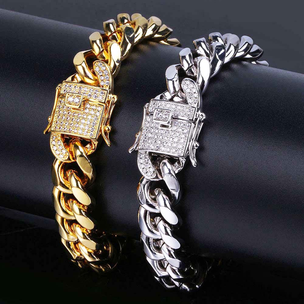 

316L Stainless Steel 18K Real Gold Electroplated Micro-Studded Diamond Clasp Miami Cuba Link Bracelet For Men High Polished Iced Out Chains