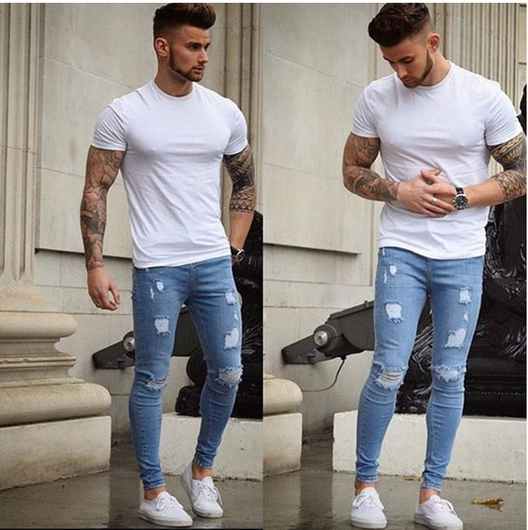 

Mens Ripped Biker Fashion Jean Long Trousers Washed Denim Pencil Pants Men Distressed Holes High Street Jeans, Sky blue