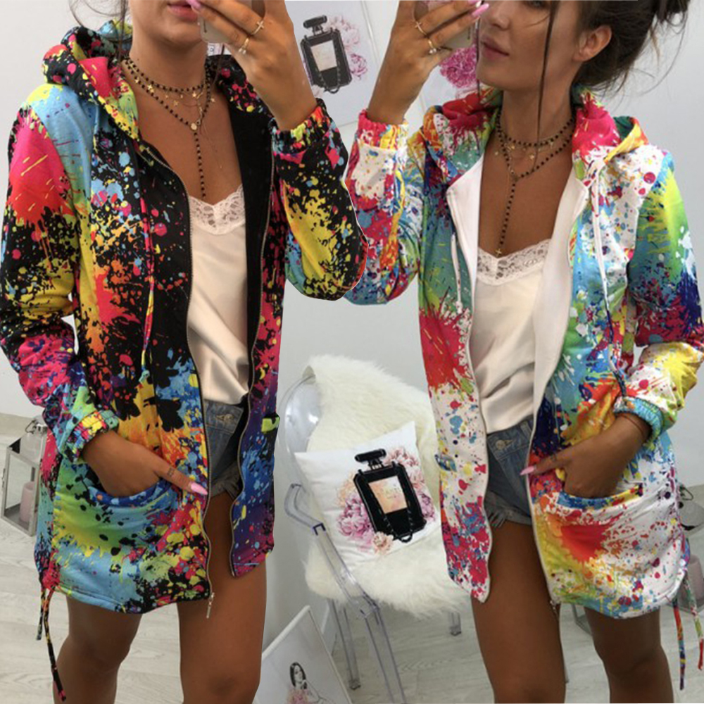 Sweat à capuche pour femme imprimé coloré manteaux fermeture éclair à lacets veste à manches longues sweats pull hauts pull chemisiers d'hiver ch