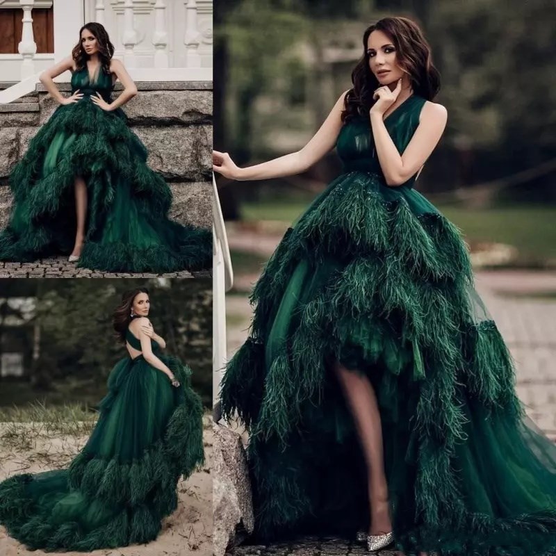 

2018 Luxury Dark Green High Low Prom Dresses Long V-Neck Layers Feather Sexy Back Carpet Celebrity Evening Gowns Formal Quinceanera Dresses, Sage