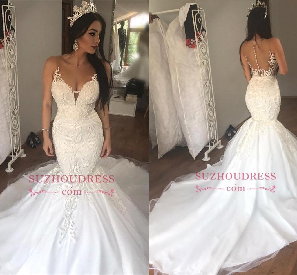 

New Sheer Neck Mermaid Wedding Dresses Lace Appliqued Illusion Covered Button Back Court Train Bridal Gowns Custom Made BA9349, Red