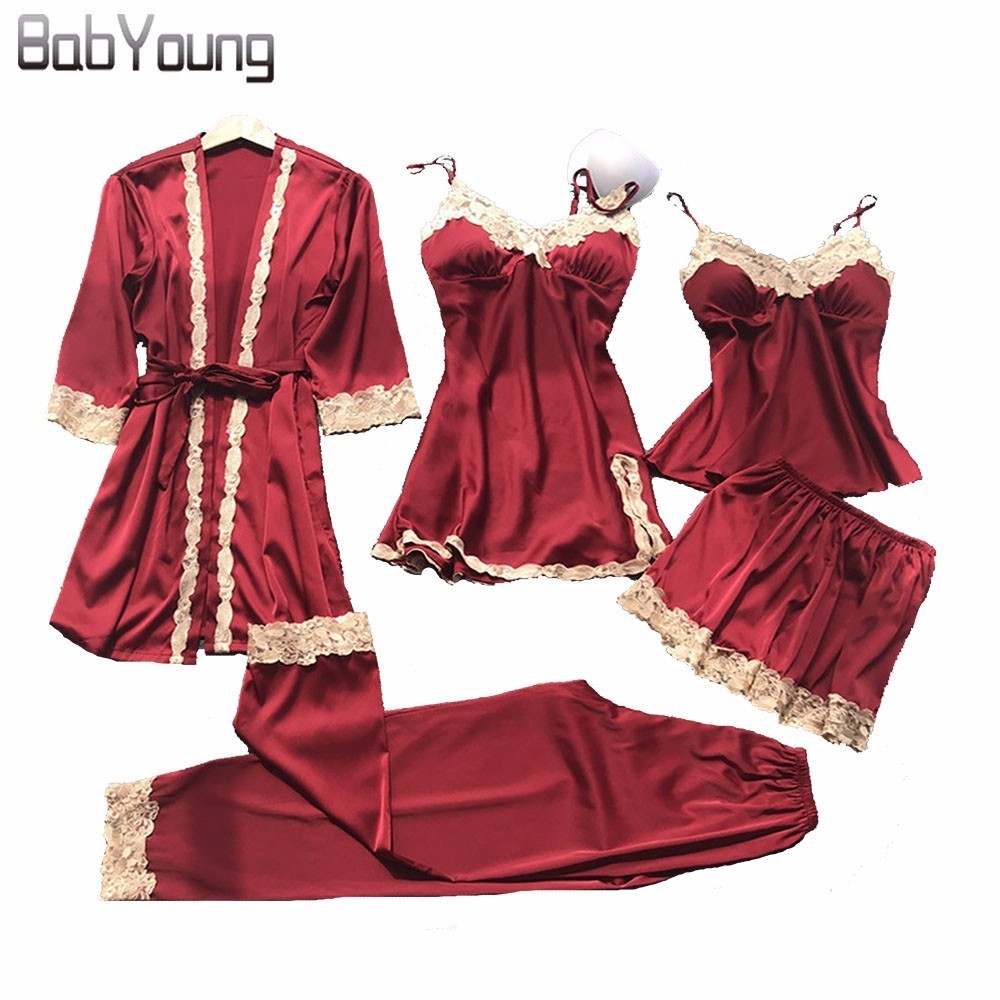 

BabYoung 2018 Summer Women Silk Bride Robe Tops Shorts Pajamas Sexy Long Sleeve Wedding Robes Set Camisole Lace Nightwear 5 PCS