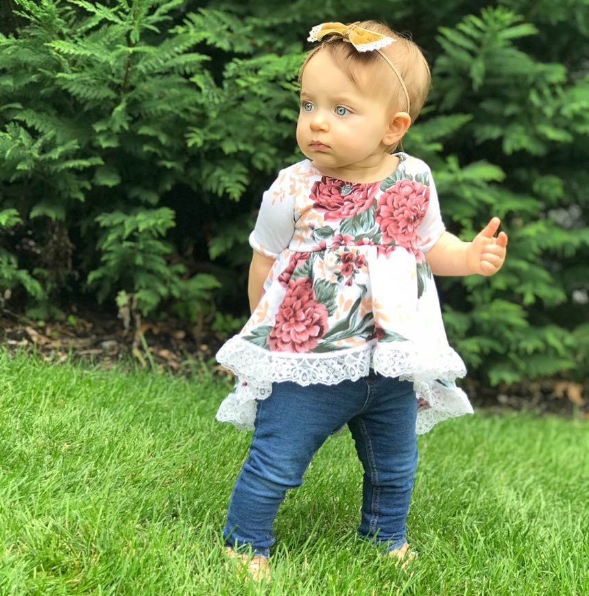 

INS Baby Clothes 2018 New Flower Lace Infant Princess Dress Floral Irregular Hem Lace Short Sleeve Toddler Party Dress Summer Dress, As photo