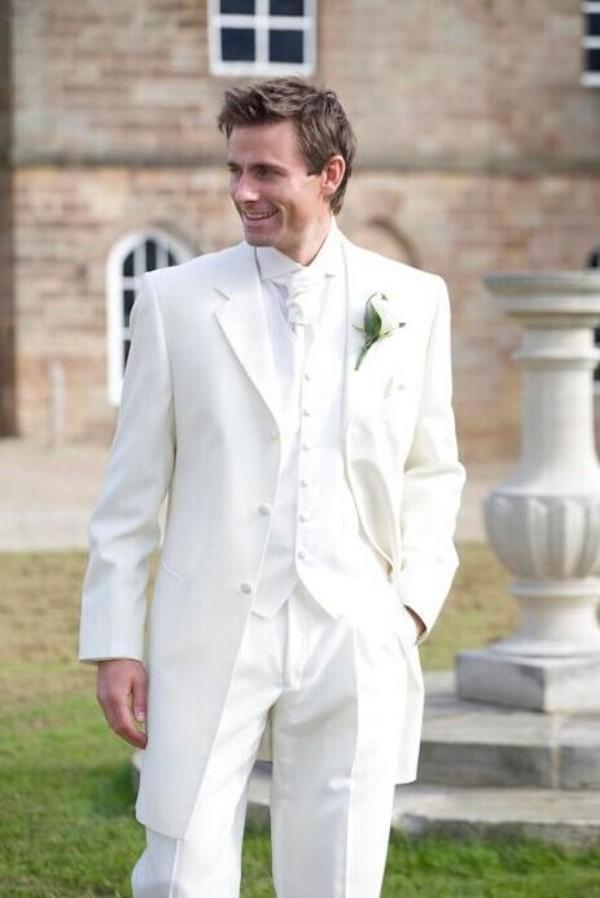 White Long Groom Tuxedos Notch Lapel Three Button Men Wedding Blazer Men Formal Business Prom Party Suit (Jacket+Pants+Tie+Vest) 1146