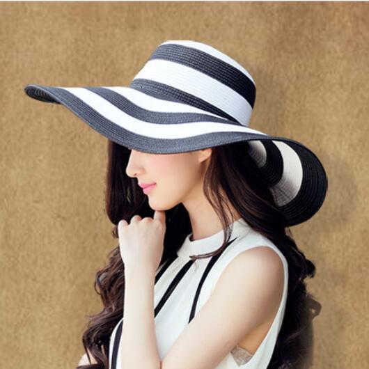 

Women's Straw Sun Hats Wide Brim Black and White Striped Summer Hat with Drawstring Foldable Classic UV Protection Large Brimmed for Travelling Holiday, Red