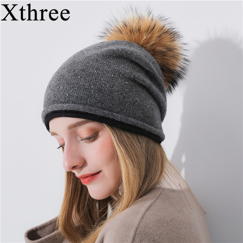 Xthree women winter hat wool knitted hats beanie with real pom poms Skullie for girls cap feminino