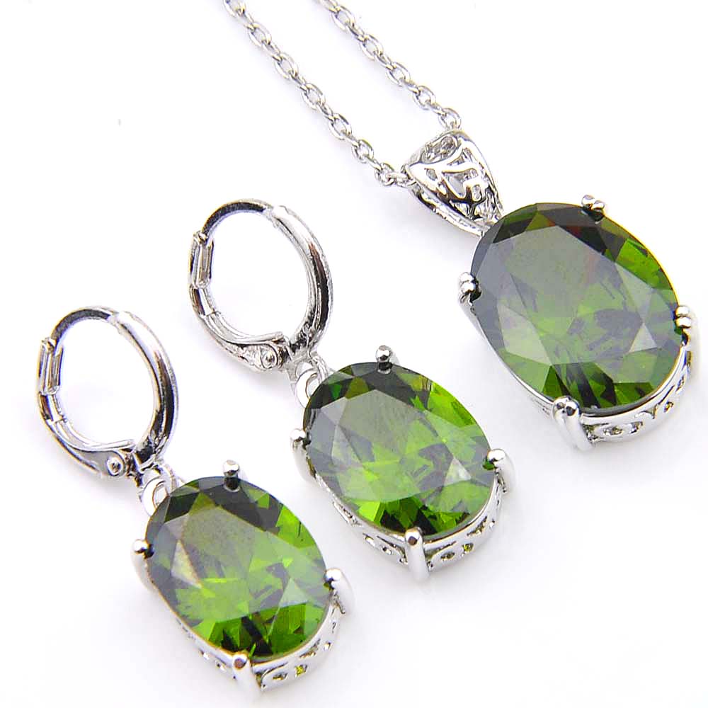 

Novel Luckyshine 5 Sets Fashion Vintage Fire Peridot Cubic Zirconia 925 Silver Pendants Necklaces Earrings Gift Wedding Jewelry Sets, Olive green
