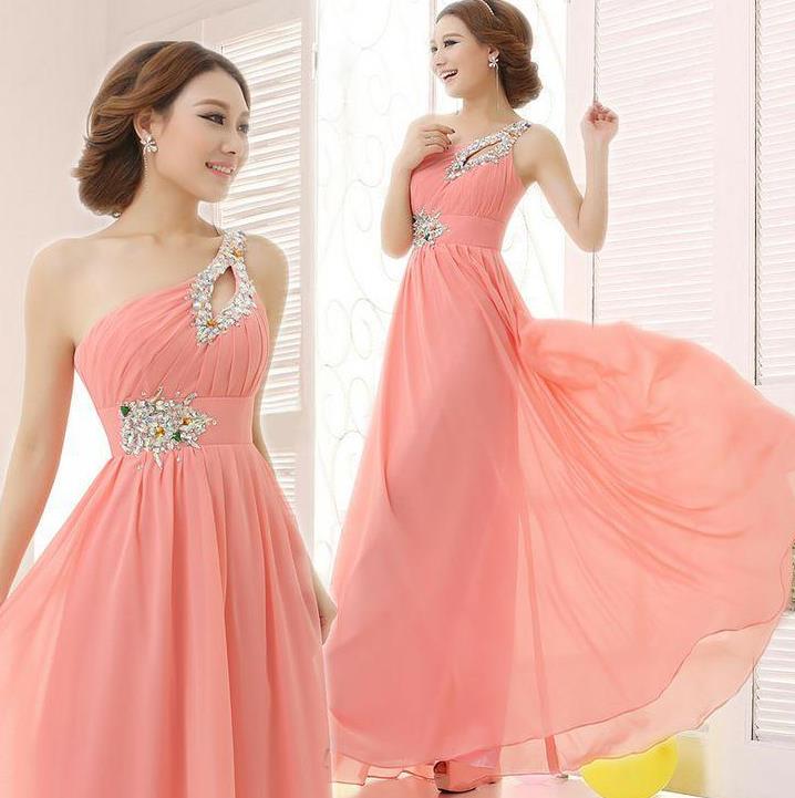 

Cheap under 50 Sexy One Shoulder Chiffon Bridesmaid Dresses Long Blush Pink Pleated Beaded Evening Dresses Prom Gowns Party Homecoming Dress