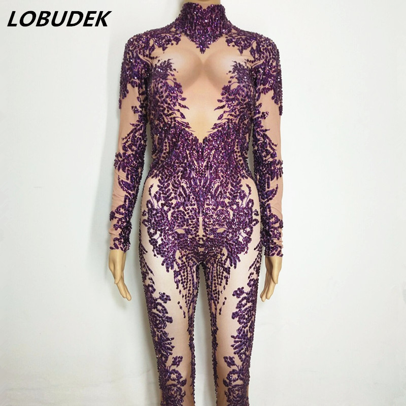 

Shiny Purple Rhinestones Elastic Jumpsuit Crystals Skinny Stretch Rompers Women Sexy Stage Wear Birthday Prom Evening Party Leotard Show Performance Tights, Purple jumpsuit