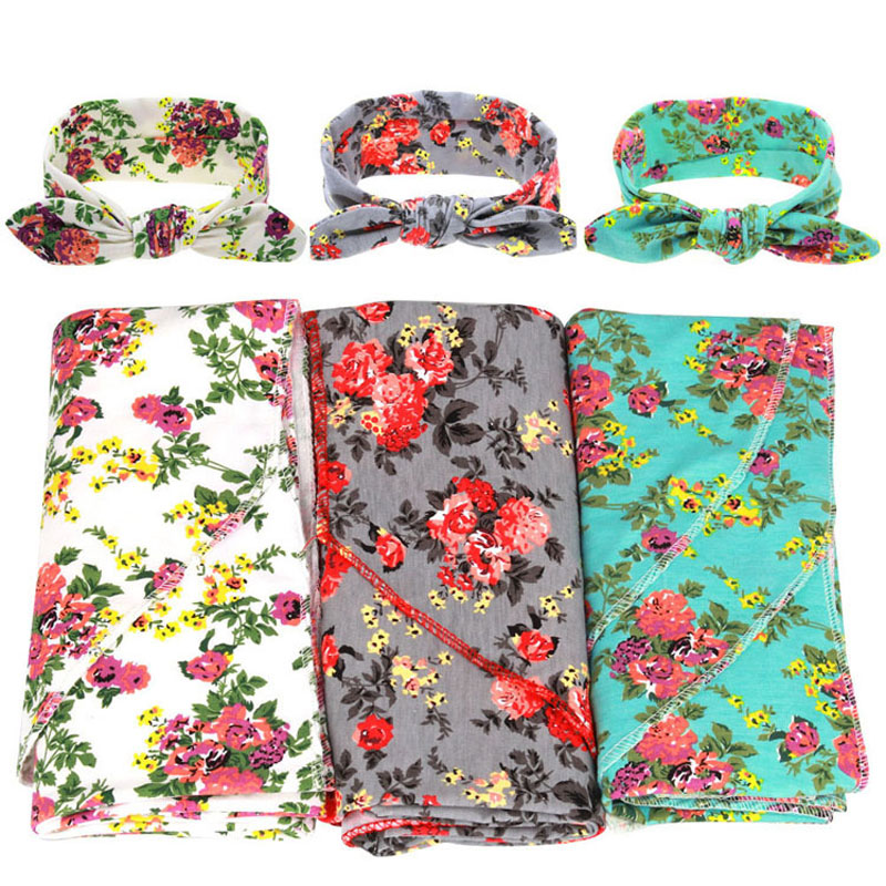 Nouveau-né Baby Swaddle Wrap Couverture 2pcs Set Enfant Enfants Flower Print Tissu Knot Bows Bandeaux Élastiques
