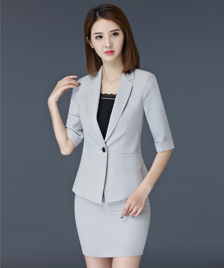 

Formal Grey Blazer Women Skirt Suits Ladies Business Suits Office Uniform Designs Half Sleeve Jacket, Gray