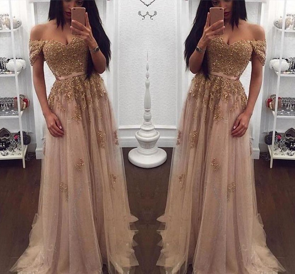 

2018 Champagne Beaded Arabic Evening Dresses Sweetheart Tulle Prom Dresses Vintage Off the Shoulder Formal Party Gowns vestido de noiva, Same as picture