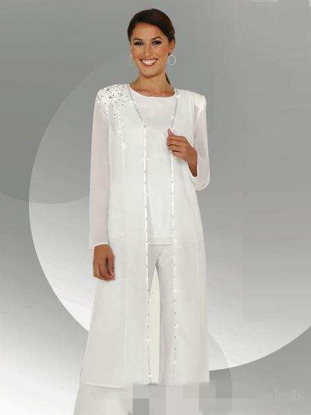 

White Chiffon Long Sleeves Mother of the Bride Pant Suits With Long Blouse Sequins Beaded Mother of Groom Pant Suit