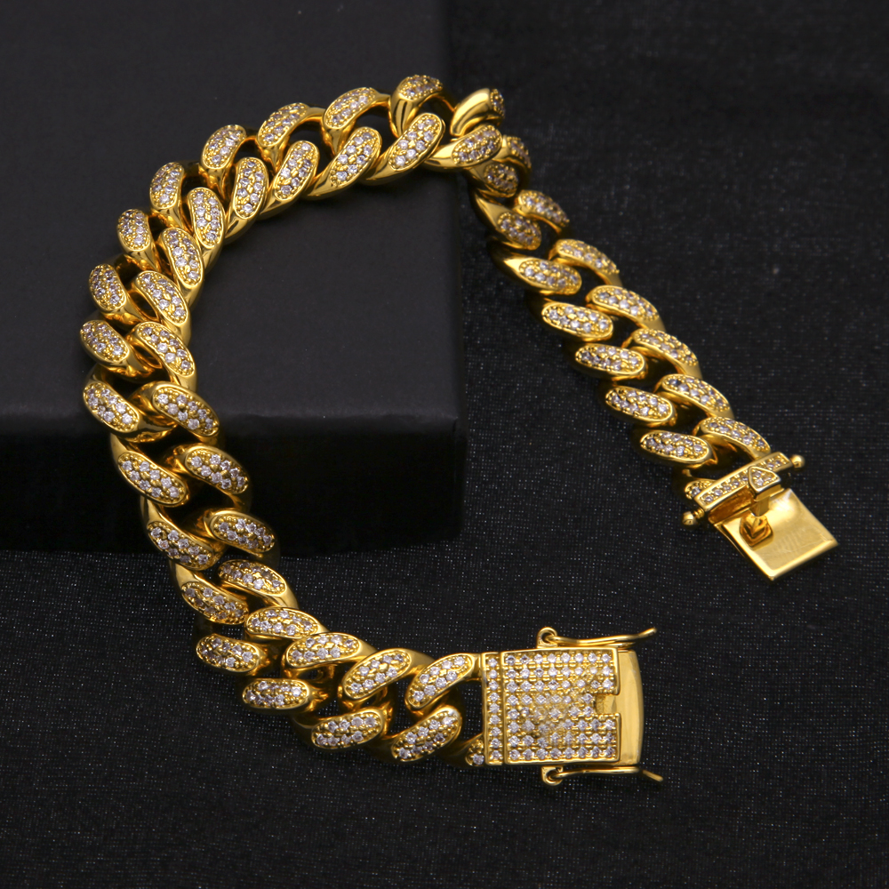 Hip Hop Bracelet, Auniquestyle Luxury 18 K Gold Color Women Men's Bracelet Miami Curb Cuban Chain Iced Out Paved Rhinestones Jewelry-image-408042286