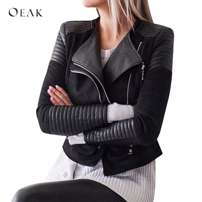 

OEAK Motorcycle Short Jacket Women 2018 Autumn Winter Coat Tops Zipper Pockets Streetwear Jacket Plus Size chaqueta mujer, Black