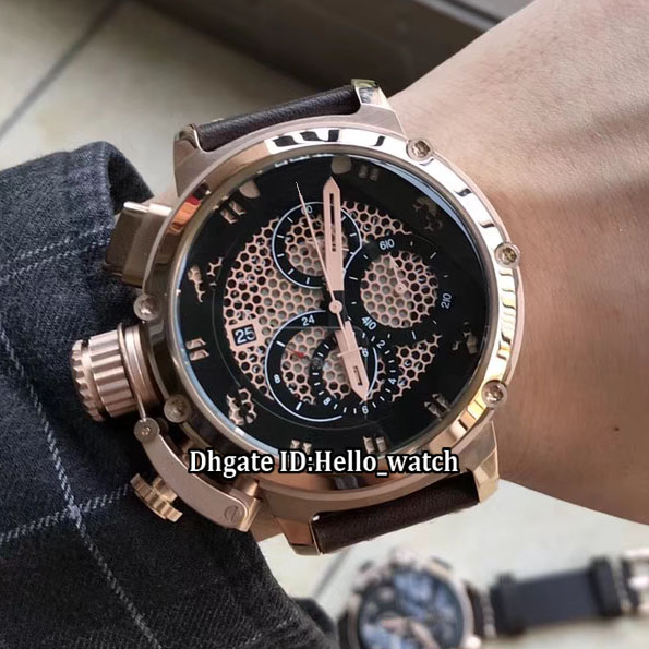 U-51 U51 Chimera Bronze 50mm Skeleton Or Rose Chronographe Quartz Montre Homme Gaucher Cuir Sport Boîte Cadeau