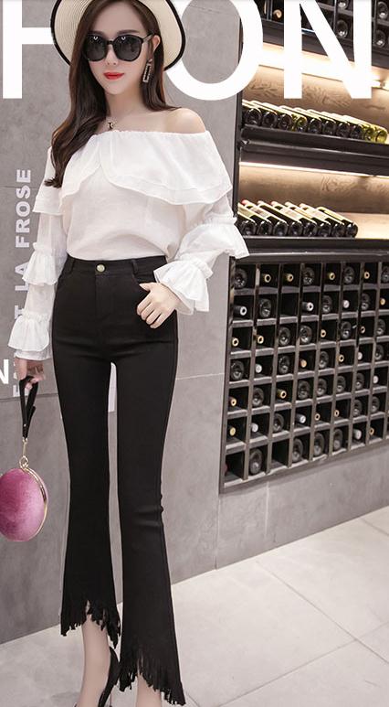 

In the spring of 2018 New style restore ancient ways micro flares fringed nine pants Korean female trousers, Black