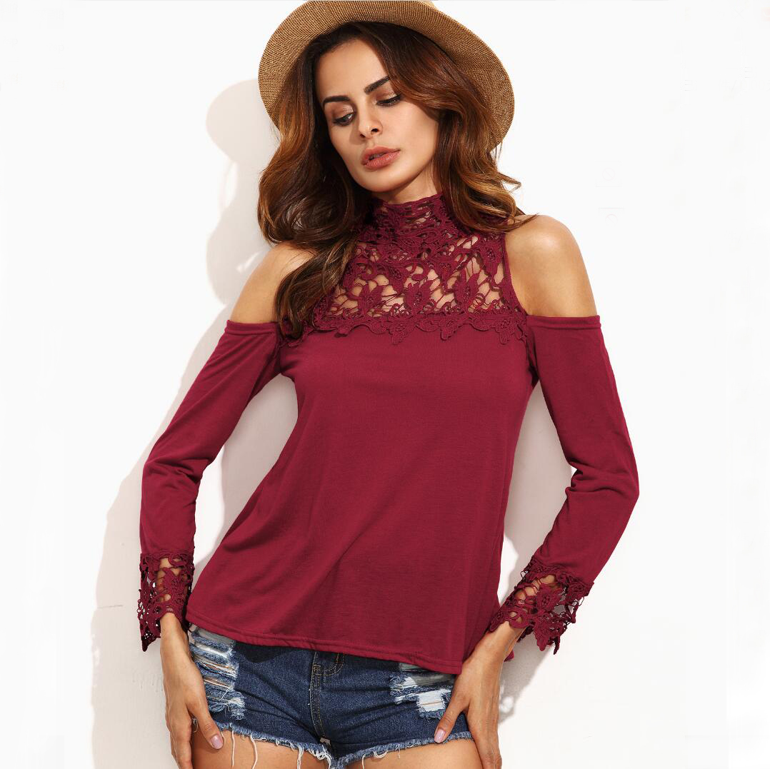 

Women Lace T Shirt High Neck Long Sleeve Spring Pullover Off Shoulder T Shirt with Buttons Closure Backless Top XXQ, Wine red