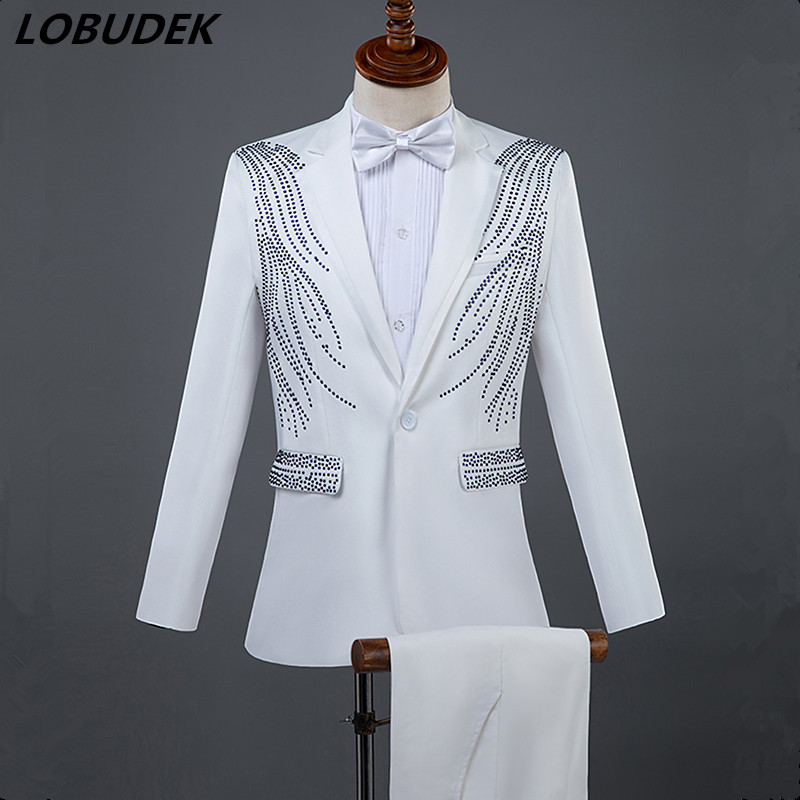 

Men Formal Suits Crystals Slim Blazers Pants Suit Vocal Concert Singer Chorus Performance Costume Wedding Master Prom Compere Stage Outfits, Blue c