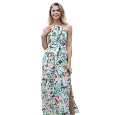 

Summer Long Maxi Dress Women Halter Neck Floral Spilit Chiffon Eur US Hot Style Boho Dresses, Black