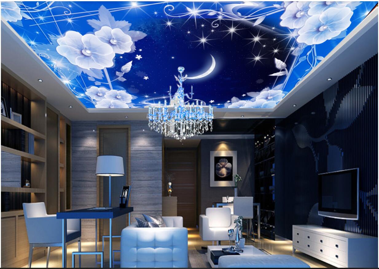 

3d ceiling murals wallpaper custom photo non-woven mural 3d wall murals wallpaper for walls Fantasy Starry Moon Flower Living Room Zenith, Sky blue