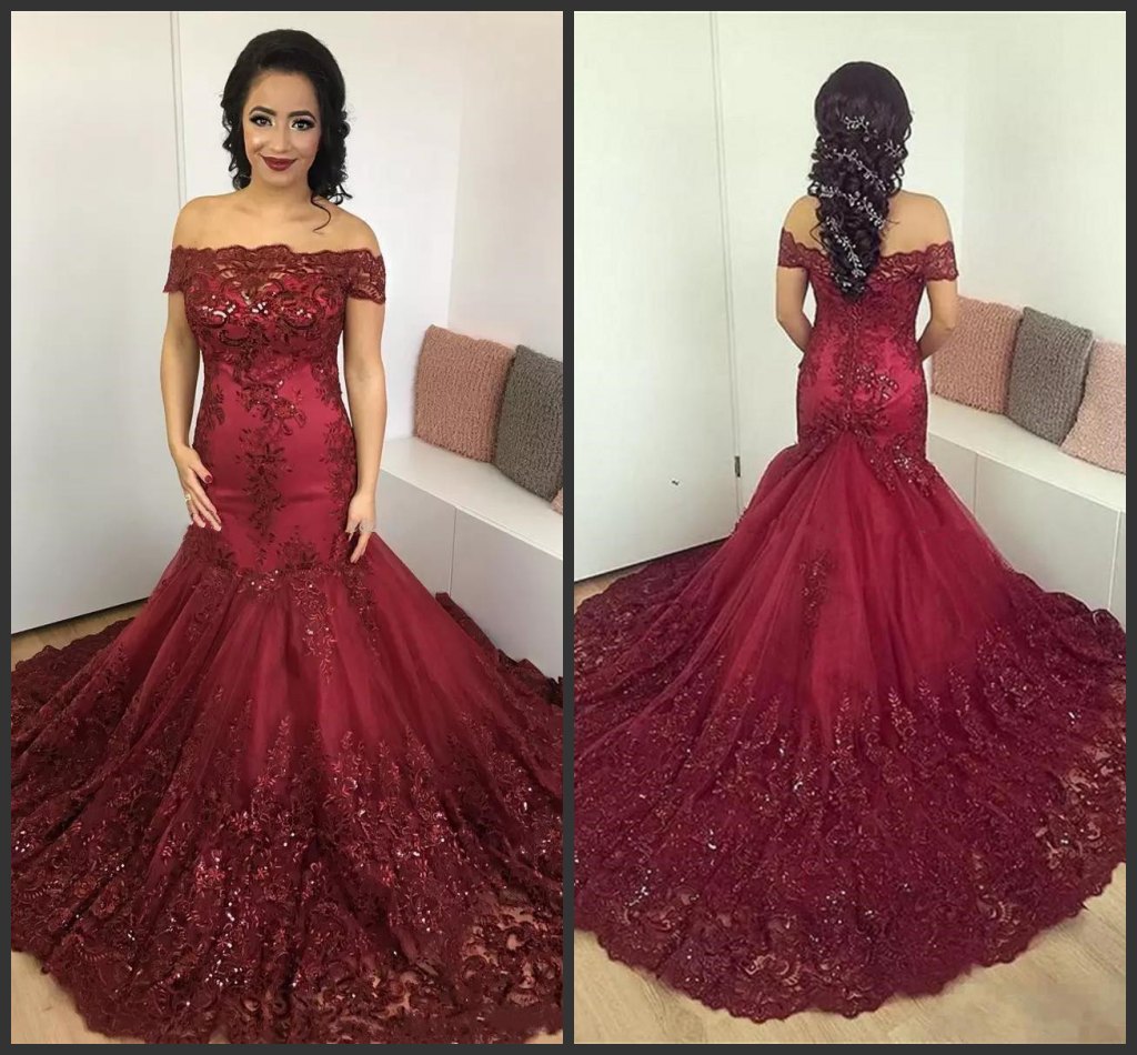 Bateau Neck Appliques Tulle Satin Dark Green Plus Size Evening Gowns Saudi Arabic Prom Dresses Dark Red Mermaid Off Shoulder Evening Dresses