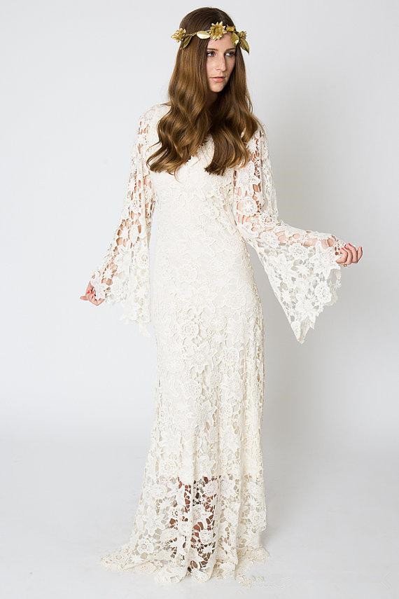 Bohemian Style Beach Wedding Dresses 2019 New Custom Made Floor Length Sheath Juliet Long Sleeve Lace Bridal Gowns Robe De Mariage W1009