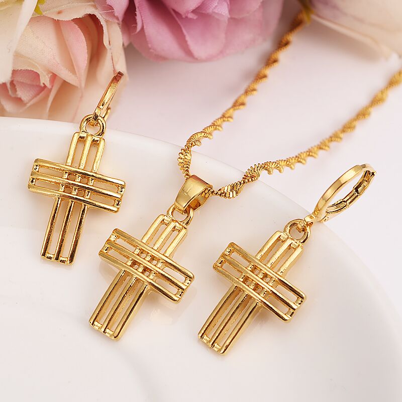 

Fashion three-dimensional line Necklace Earring Set Women Party Gift 14k Yellow Fine Gold Filled cross pendant Jewelry Sets, Golden