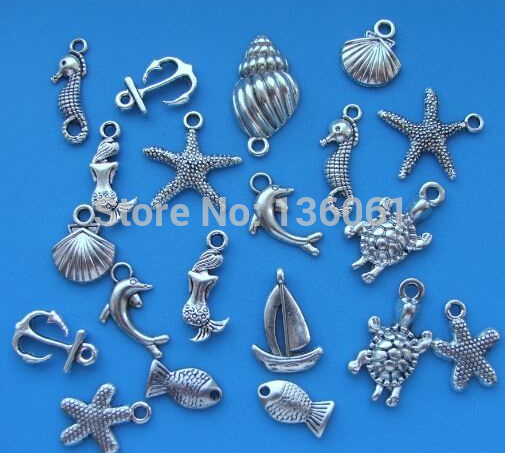 100Pcs Mixed Vintage Silver Ocean Animal Seahorse Shell Fish Mermaid Turtle Charms Pendant For Jewelry Making Bracelets Craft-image-422671554