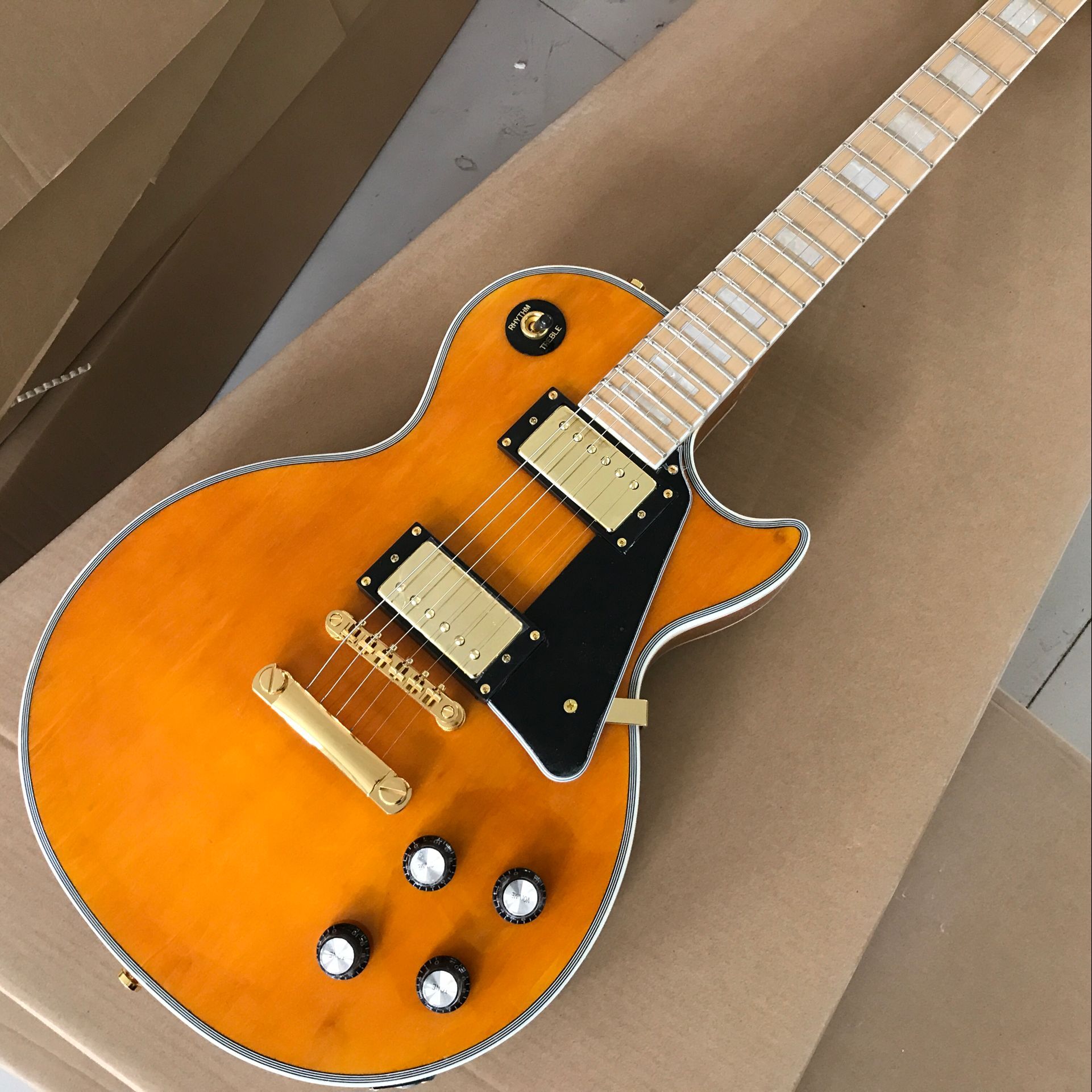 High Quality Custom 60 Electric Guitar in orange Color with 2 pickups, Maple fingerboard with gold hardware guitarra real photos-image-424489399