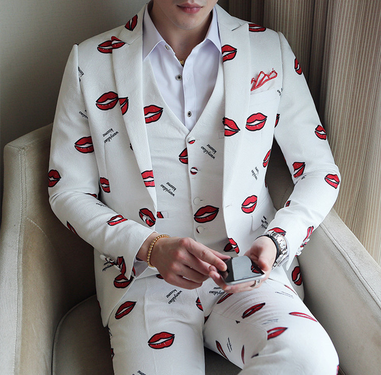 

New White Suits Mens Slim Fit Flower Mens Suits Slim Fit Red Lip Outfits 3 Piece