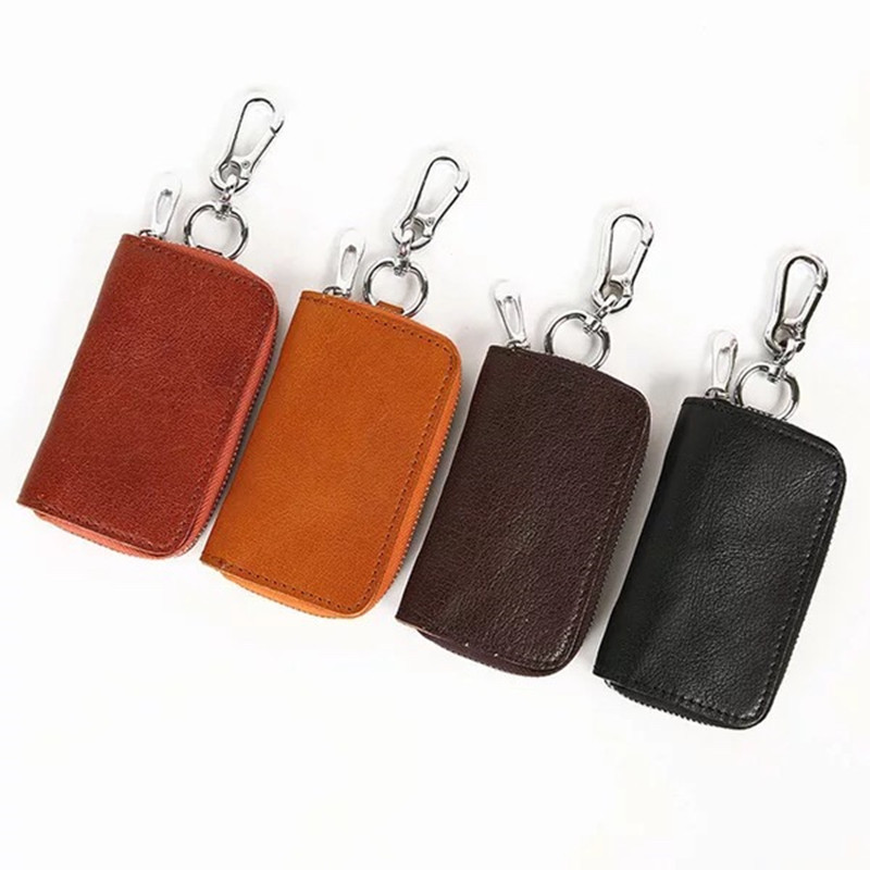 

Unisex 100% Genuine Leather Women Men Key Ring Zipper Closure Soft Cowhide Female Male Small Short Key Wallet Coin Case, Black
