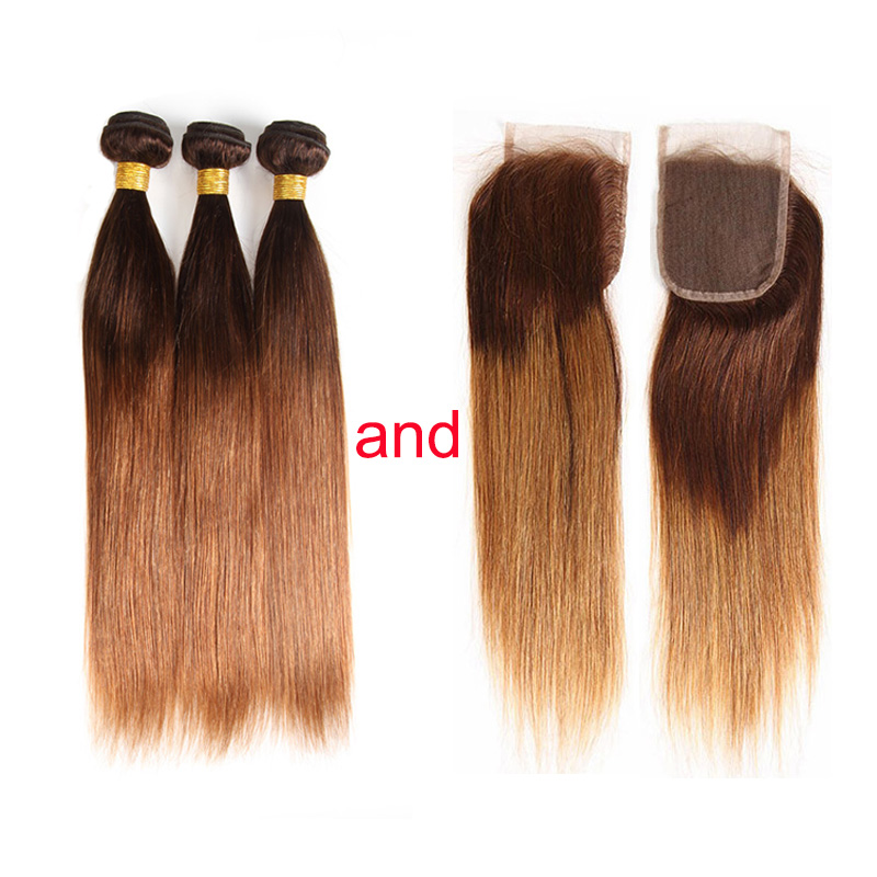 

Ombre Human Hair Weave Bundles with Closure Two Tone Blonde 4/30# Ombre Brazilian Straight Human Hair Extensions with 4x4 Lace Closure, Ombre color