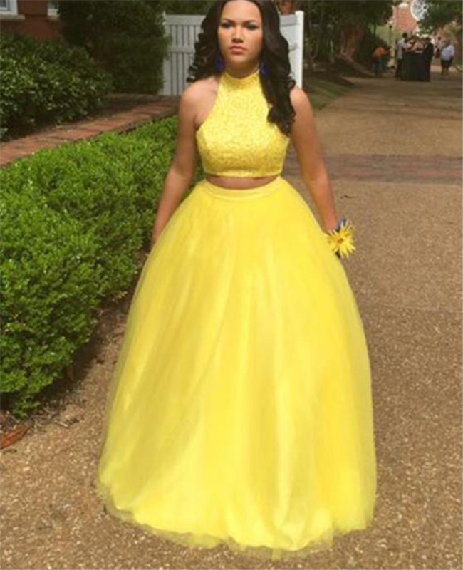 Two Piece Beaded Prom Dresses Sexy Jewel Neck Black Girl Dress Yellow Tulle Floor Length Evening Party Gowns