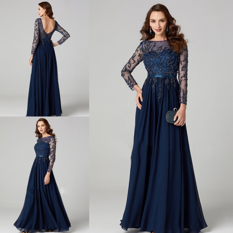 

Navy Blue Beads Mother Of The Bride Dresses Elegant Long Sleeves Backless Wedding Guest Dress Floor Length Formal Evening Gowns