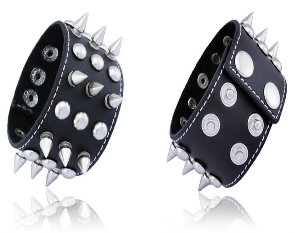

Spike Studded Rivet Punk Rock Biker Unisex Wide Strap Leather Bracelet, Golden;silver