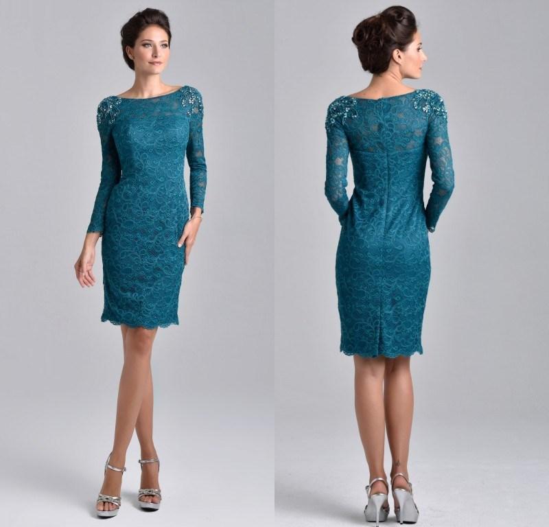 

2018 Knee Length Teal Blue Lace Mother Dresses With 3/4 Long Sleeve Scoop Sheath Moms Formal Party Wear