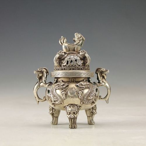 Exquisite DECOR OLD HANDWORK MIAO SILVER CARVE CRANE ELEPHANT INCENSE BURNER