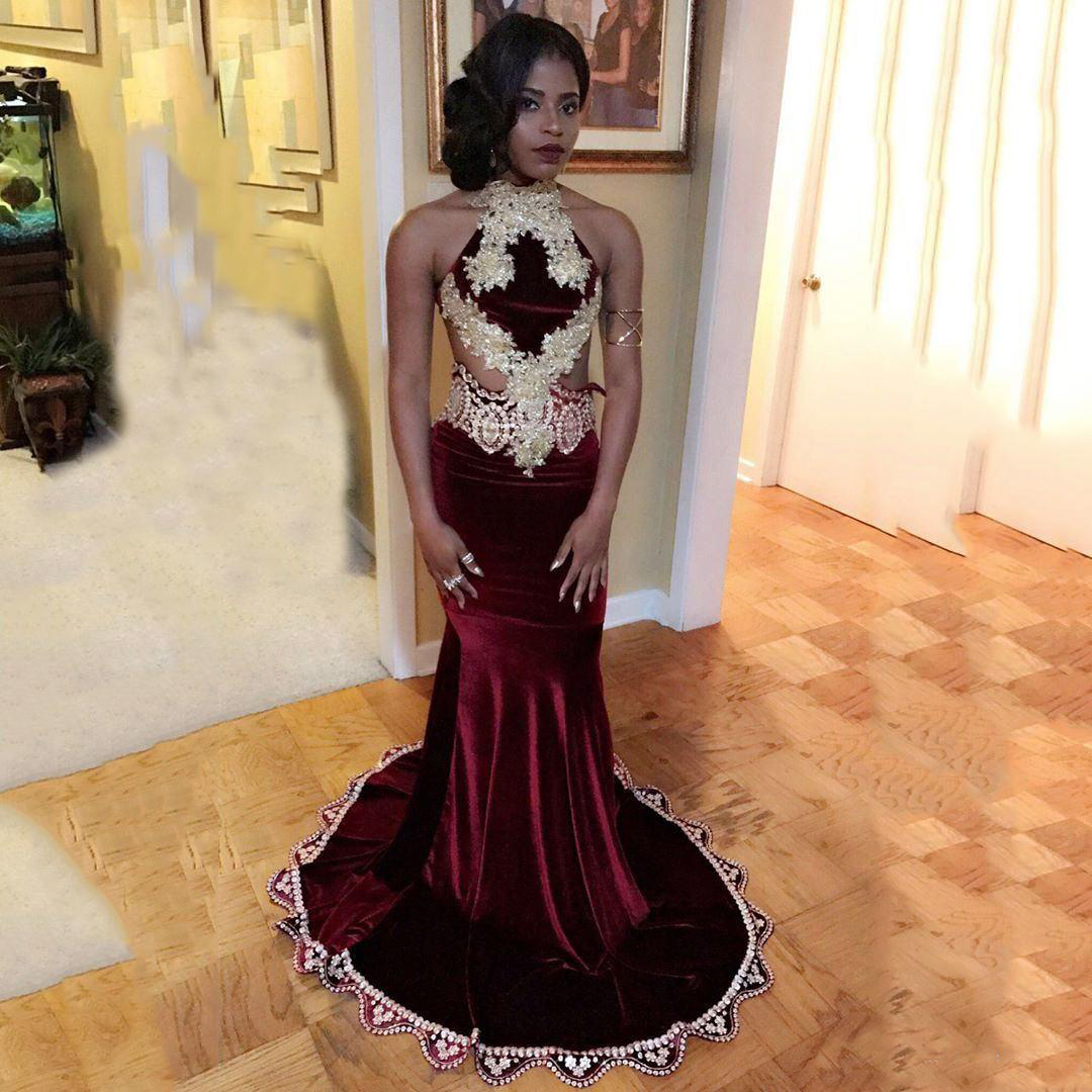 

New Burgundy Velvet Mermaid Prom Dresses High Neck Lace Appliqued Sleeveless Backless Evening Wear For Black Girls Dresses, Hunter