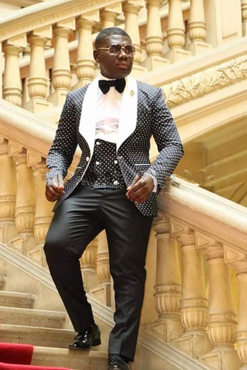 2019 New Arrival Mens Suits Groomsmen White Lapel Groom Tuxedos Black Dot Wedding Best Man men Suit Bridegroom Jacket+Pants+Vest