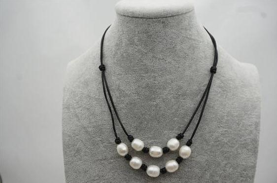 

New Arriver Pearl Leather Jewellery,Handwork White 2Rows Freshwater Pearl Black Leather Necklace,100% Real Pearls
