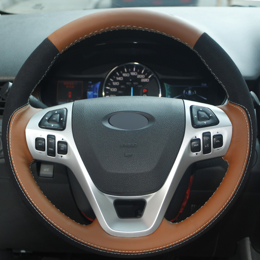 Orange Genuine Leather Black Suede Steering Wheel Cover for Ford Explorer 2011-2016 Taurus 2012-2015 Edge 2011-2014-image-430167544