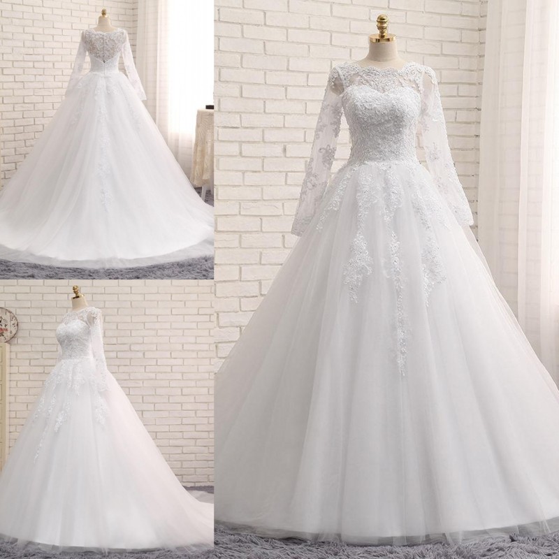 

Real Images Long Sleeves Beach Wedding Dresses Bateau Neckline Vestido De Novia Lace Wedding Gown For Fat Ladies, Pink