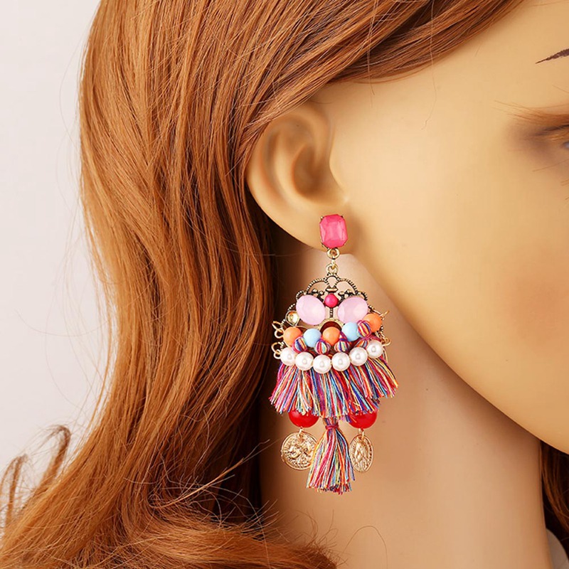 

Fashion Colorful Long Tassel Earrings Metal Alloy Simulated-pearl Stud Earrings Vintage Statement Women Jewelry Birthday Gift