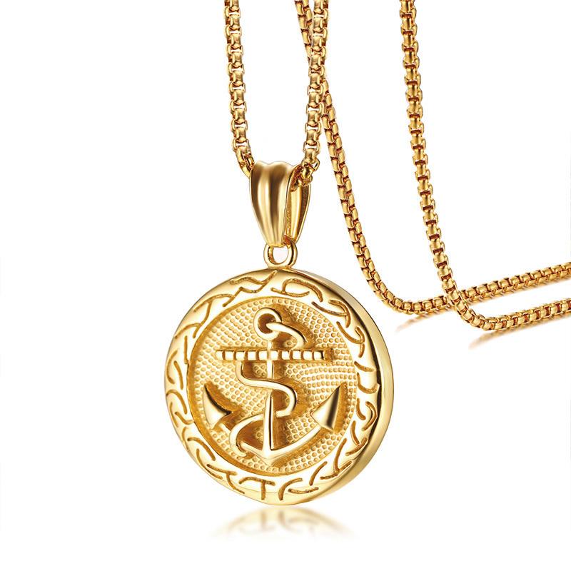 

Punk Mens Anchor Pendant Necklace Gold Color Stainless Steel Necklaces With Box Chain 24" Erkek Kolye Male Rock Jewelry