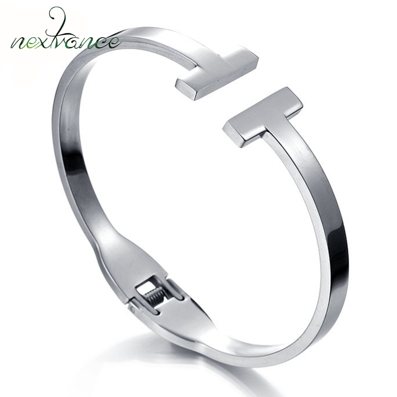 

Nextvance Stainless Steel Double T Bracelet Silver Open Cuff Bangles for Women Men Brand Party Jewelry Pulseira Feminina, Black
