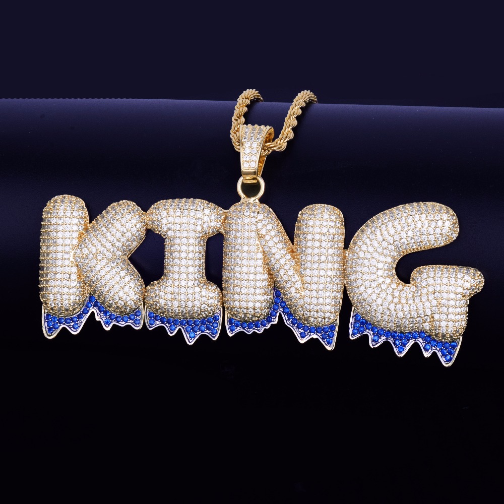 

Custom Name Blue Drip Bubble Letters Pendants Men's Necklaces Zircon Hip Hop Jewelry With Gold Silver Rope Chain For Gift