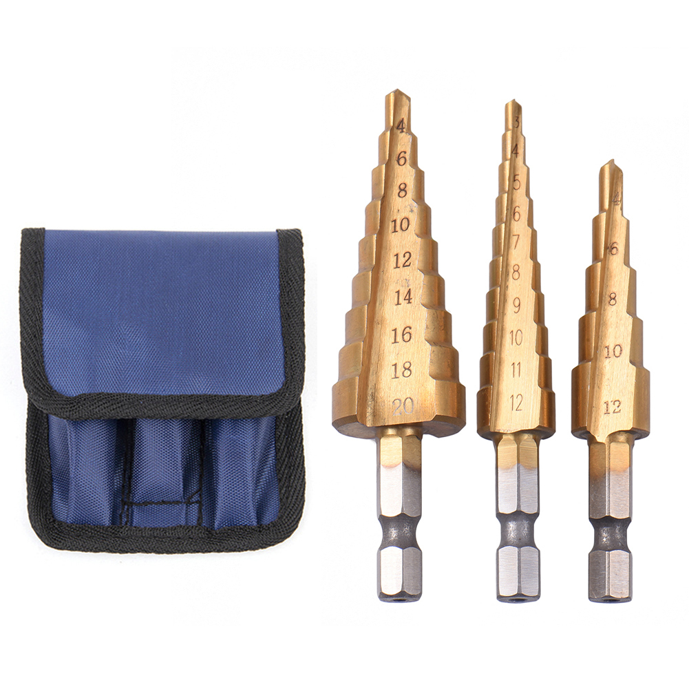 3Pcs 4-32 mm échelle spirale Rainuré étape Conique Cône Drills Bit Set Hole Cutter